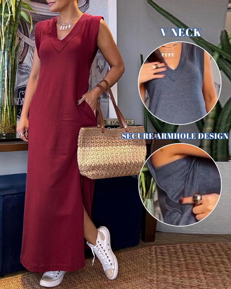 

Vestido casual com decote em V e bolso com fenda, Dark red