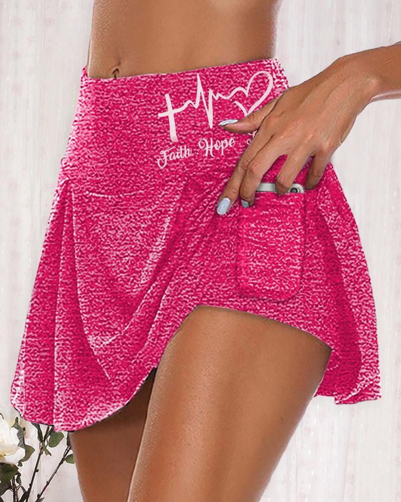 

Butt Lifting Letter Heart Print Pocket Design Layered Skorts, Pink