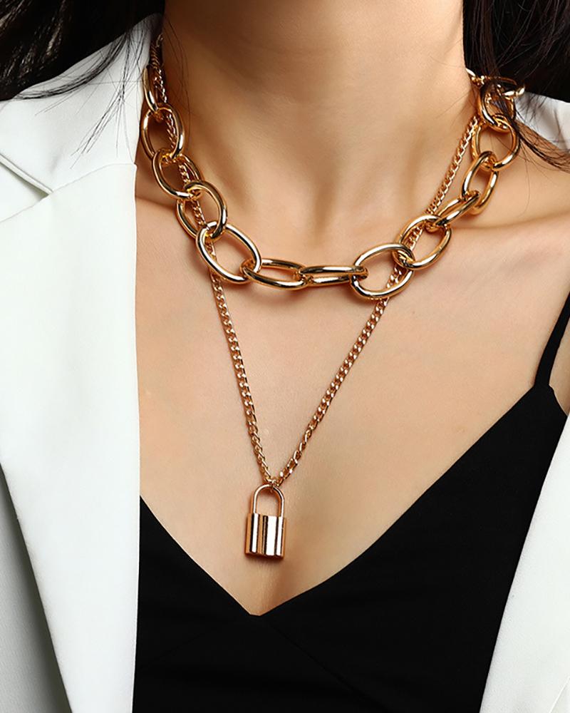 

2PCS Lock Charm & Chain Necklace, Gold