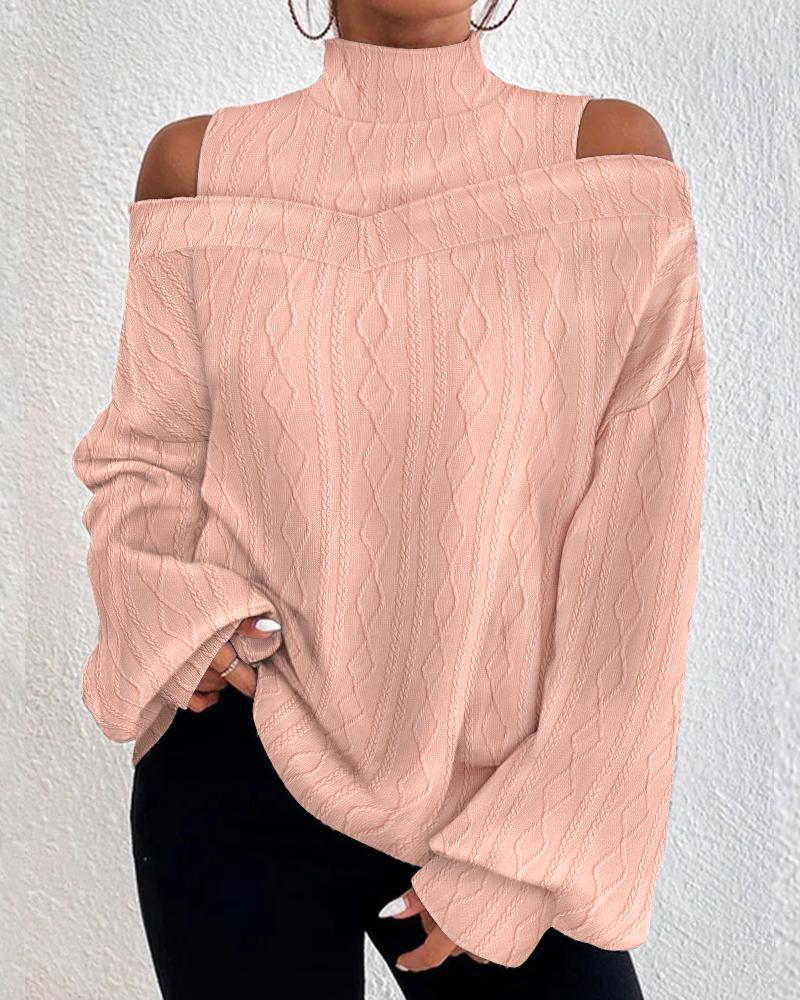 

Lantern Sleeve Cold Shoulder Cable Textured Top, Pink