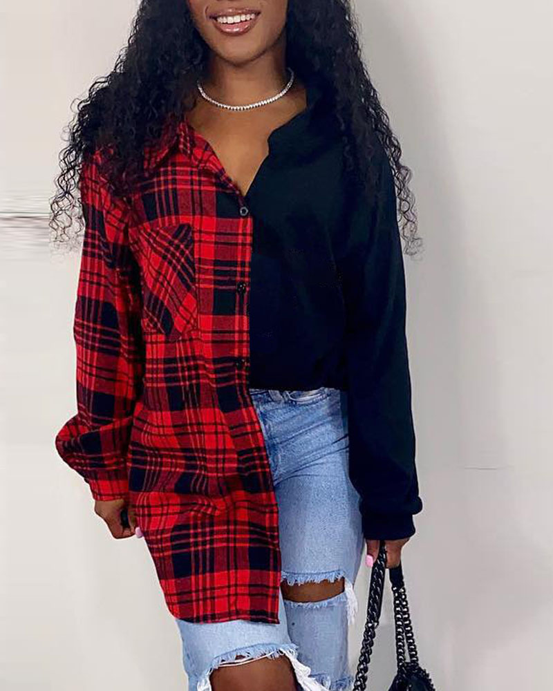 

Plaid Print Patchwork Button Down Shirt With Belt, Red