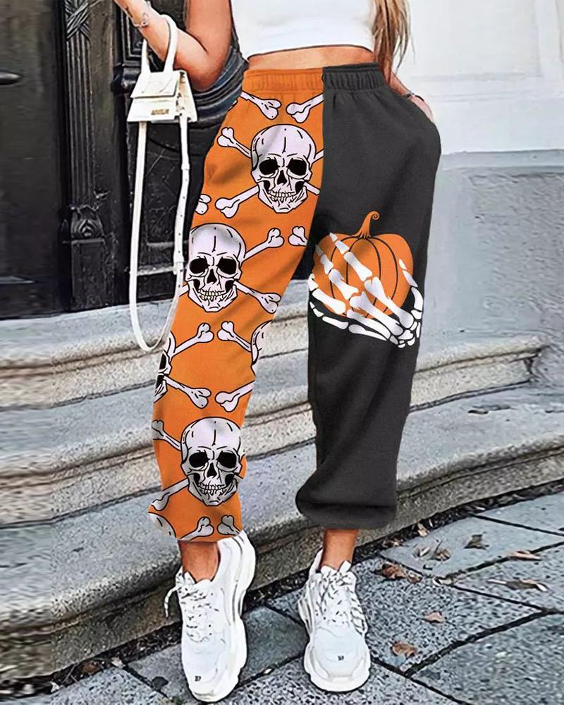 

Halloween Pumpkin Skull Print Colorblock Sweatpants, Orange