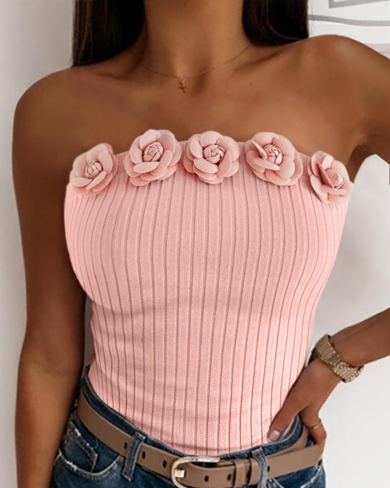 

Floral Pattern Bandeau Casual Knit Top, Pink