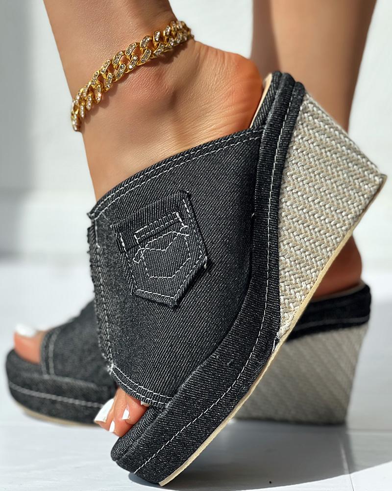 

Peep Toe Denim Wedge Sandals, Black