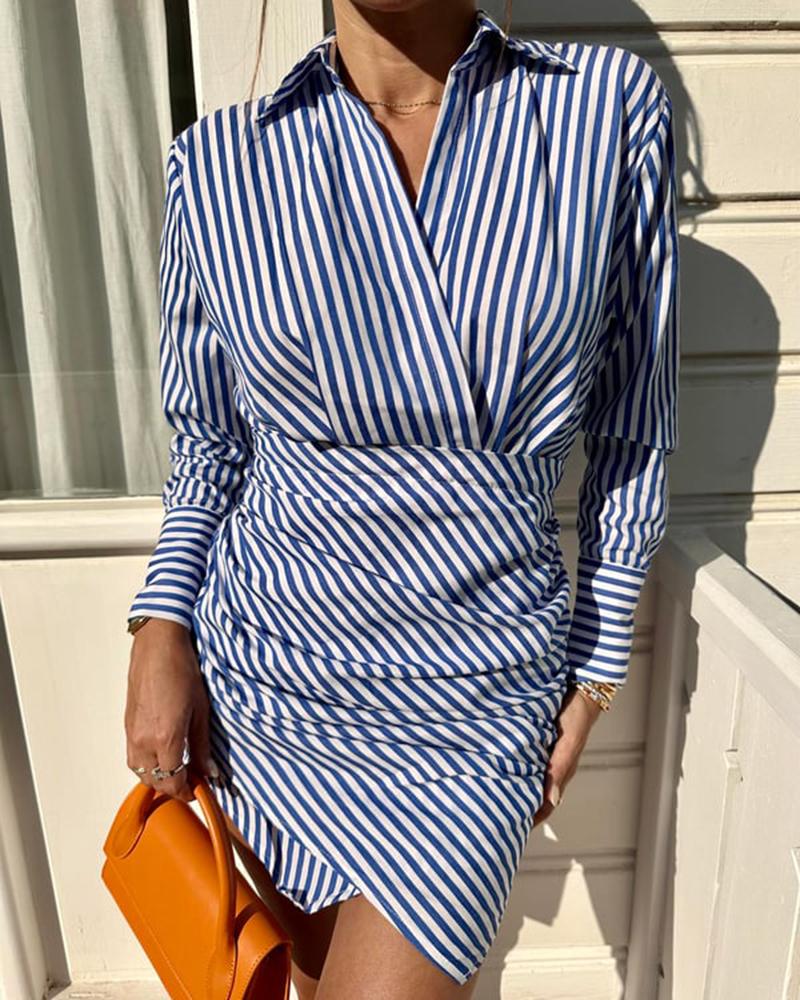 

Striped Turn-down Collar Wrap Shirt Dress, Dark blue