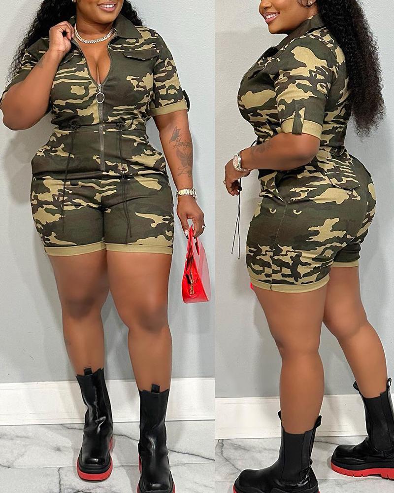 

Camouflage Print Zipper Design Cargo Romper, Camoflage