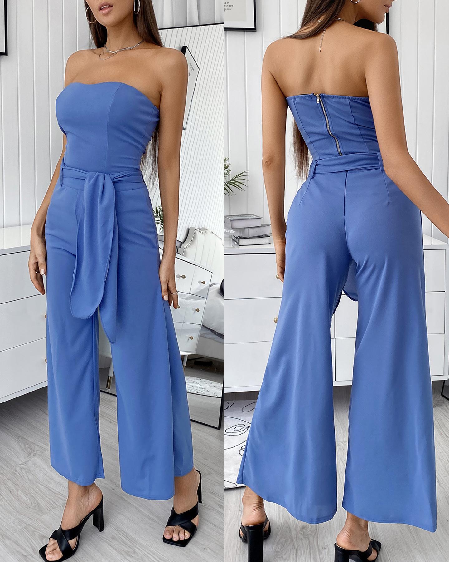 

Bandeau Top & High Waist Wide Leg Pants Set, Blue