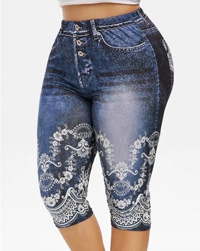 

Plus Size Floral Faux Denim Printed High Waist Capris Pants, Purplish blue