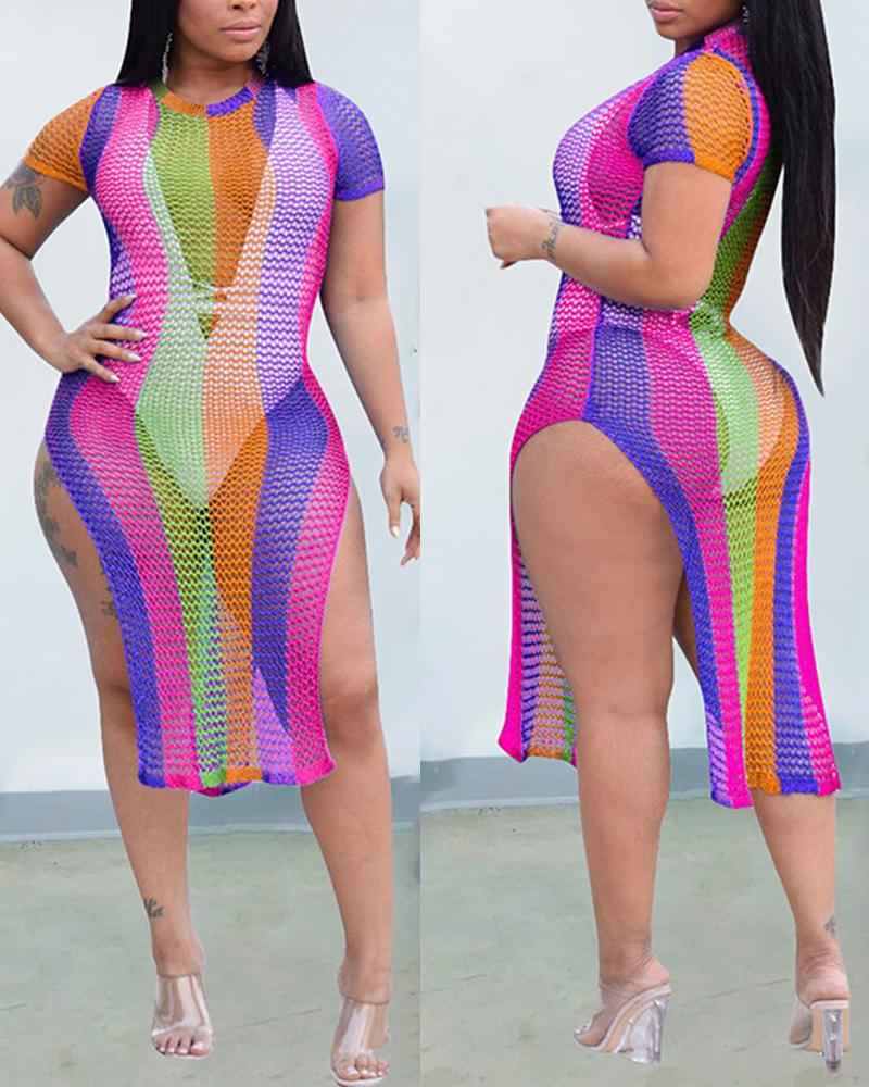 

Colorblock Slit Crochet Cover Up Dress, Multicolor