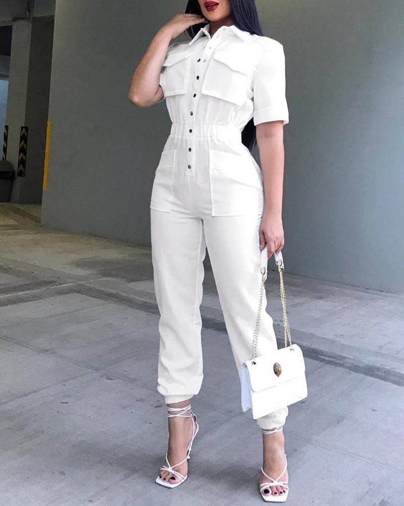 

Pocket Button Design Half Sleeve Jumpsuit, White