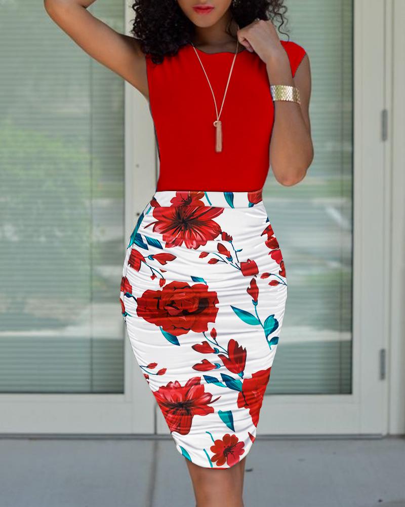 

Two Piece Sets Plain Sleeveless Top & Floral Ruched Midi Skirt Set Elegant Suit Set, Red