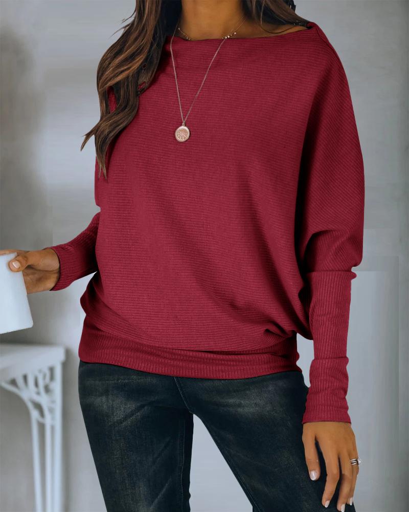 

Batwing Sleeve Casual Ribbed Top, Red