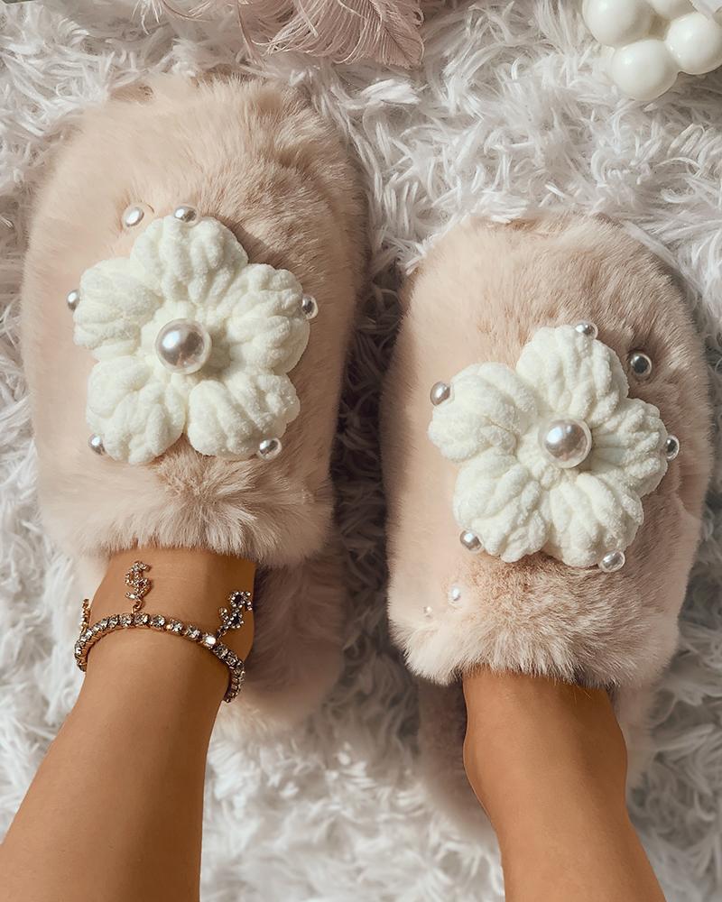 

Floral Pattern Beaded Decor Fluffy Slipper, Beige