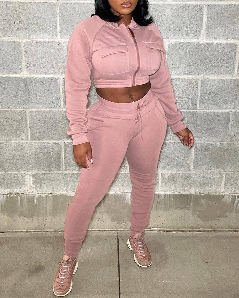 

Zipper Pocket Design Crop Sweatshirt & Pants Set, Pink