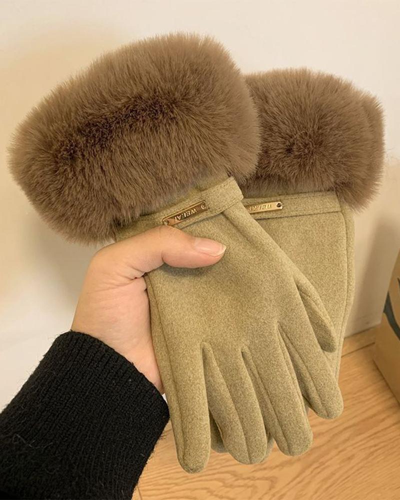 

1Pair Faux Fur Lined Driving Winter Warm Gloves, Khaki