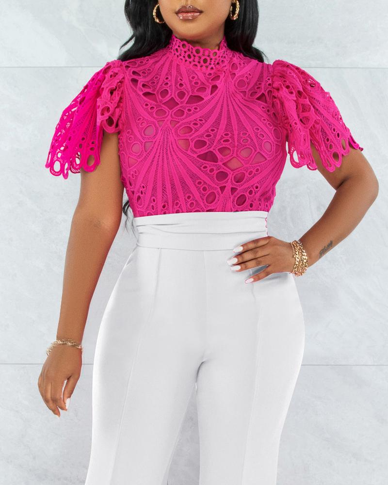 

Eyelet Embroidery Button Front Puff Sleeve Top, Hot pink