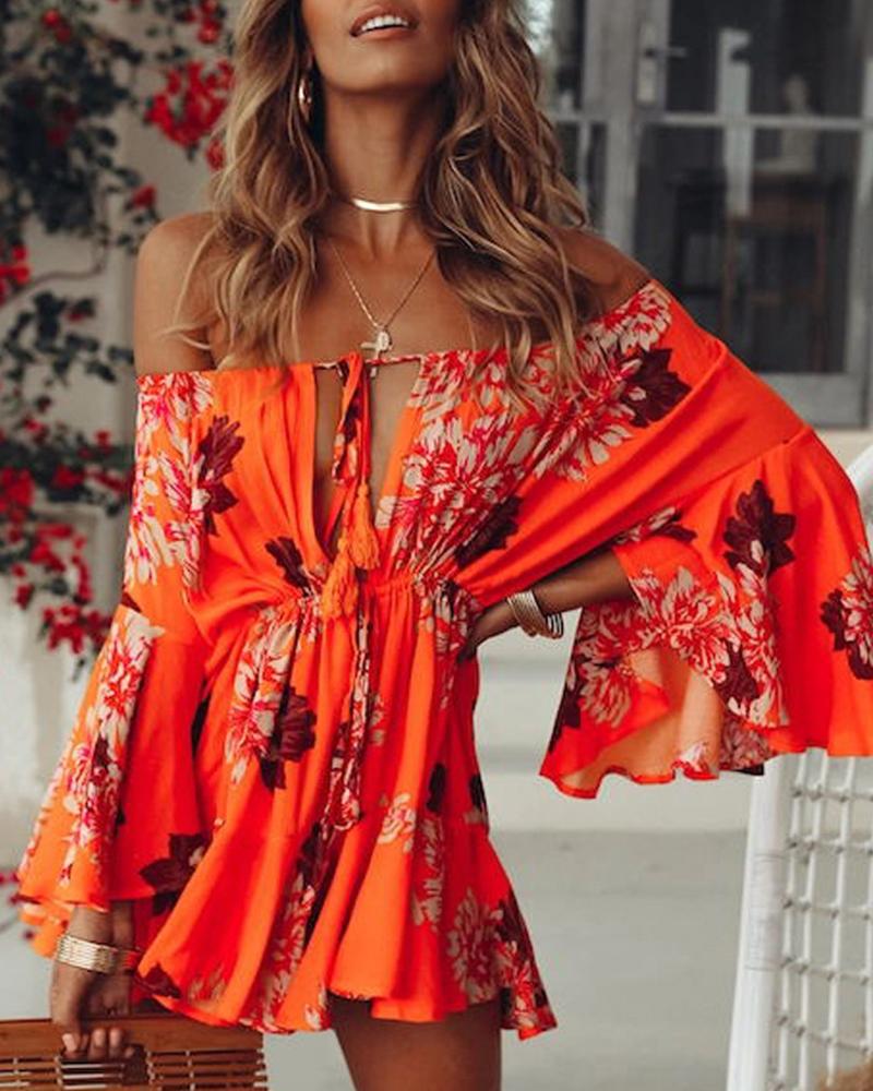 

Off Shoulder Floral Print Long Sleeve Romper, Orange