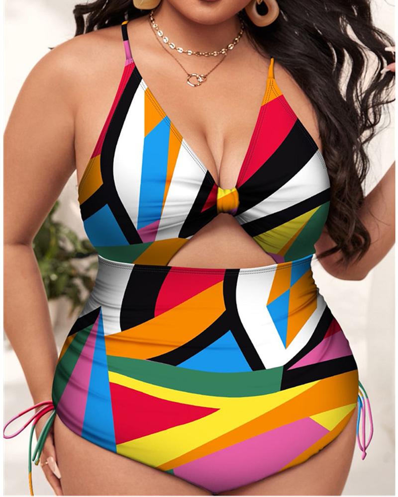 

Plus Size Geometric Print Cutout Crisscross One-Piece Swimsuit, Multicolor