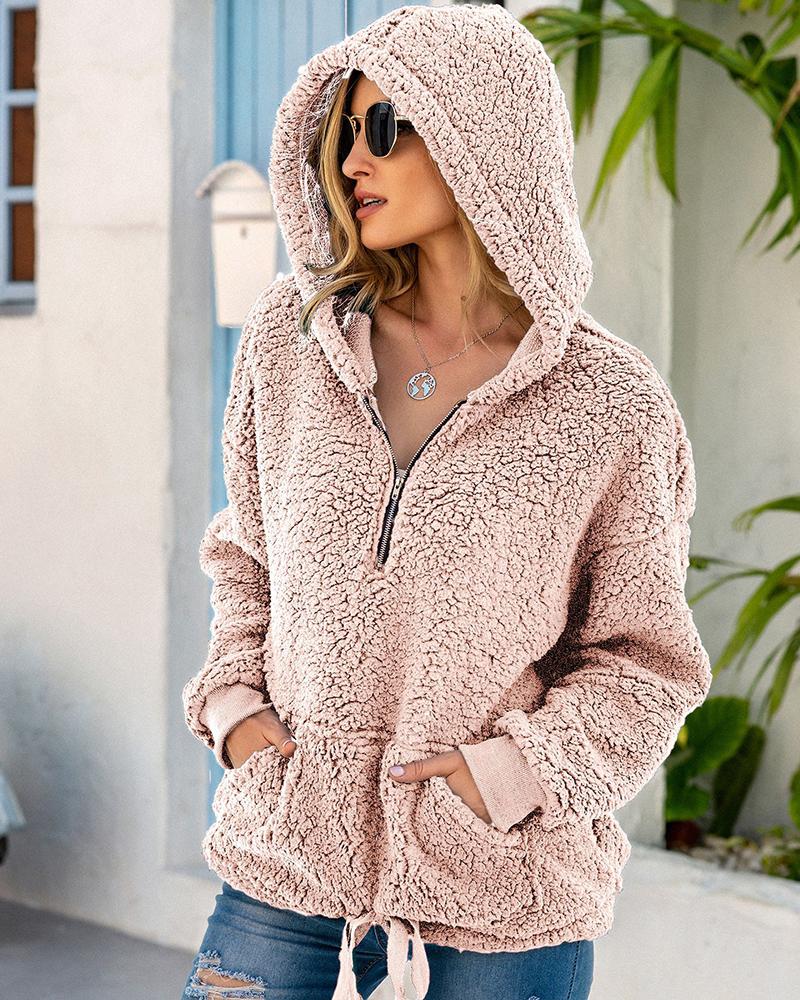 

Zip Pocket Design Hooded Teddy Top, Pink