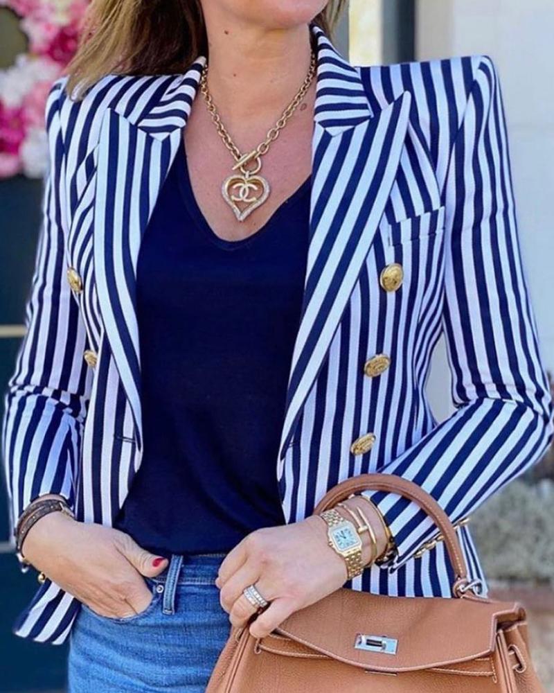 

Button Design Striped Print Blazer Coat, Purplish blue