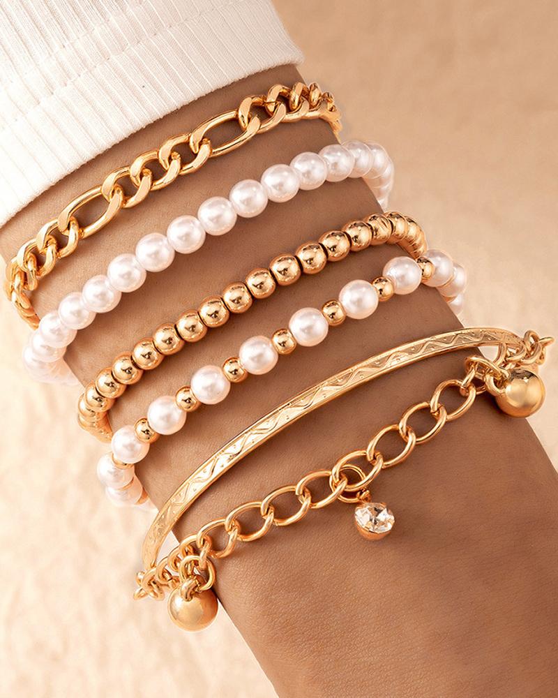 

5pcs Pearls Beaded Rhinestone Chain Bracelet, Gold
