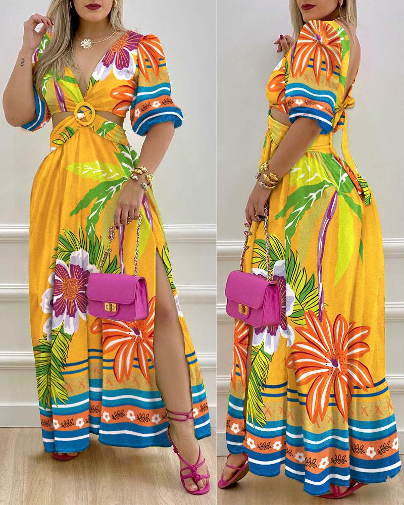 

Tropical Print O-Ring Twist Cutout Split Thigh Maxi Dress, Yellow