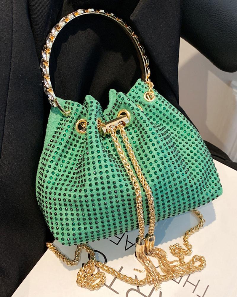 

Rhinestone Chain Drawstring Bucket Fashionable Bag, Green