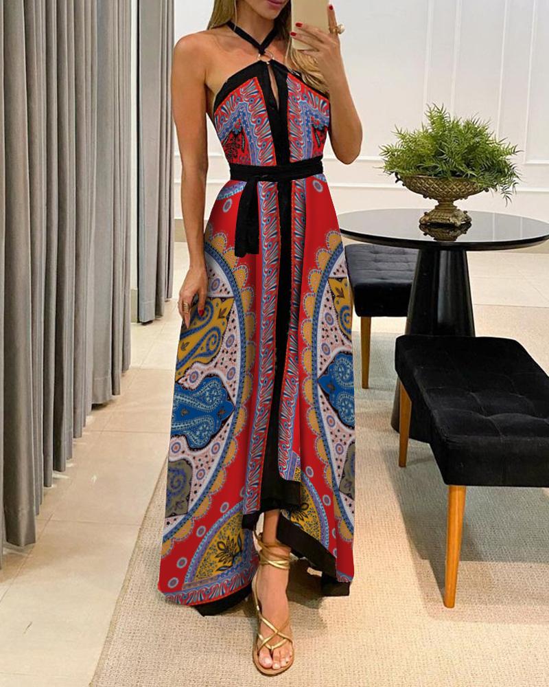 

Halter Scarf Print High Slit Maxi Dress, Red