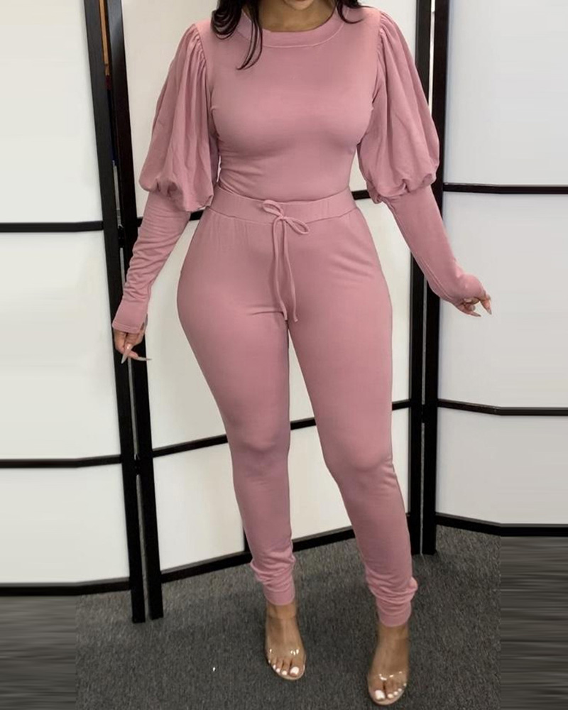 

Gigot Sleeve Top & Drawstring Pants Set, Pink