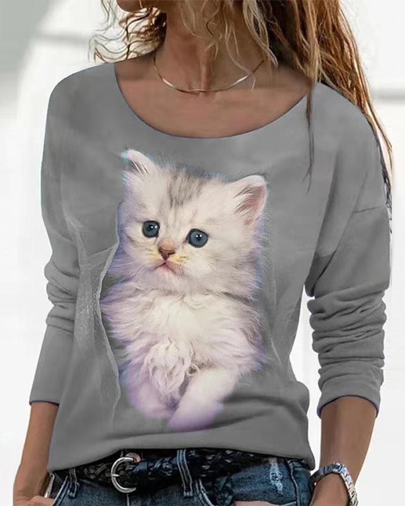 

Cute 3D Cat Print Long Sleeve Casual Top, Gray