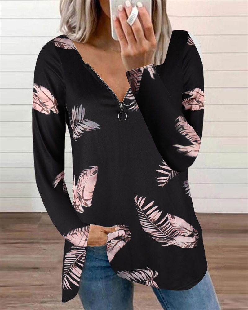 

Leaf Print Zip Front Long Sleeve Top, Black