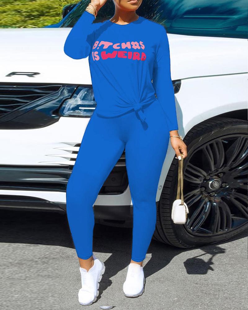 

Letter Print Long Sleeve Top & Pants Set, Blue