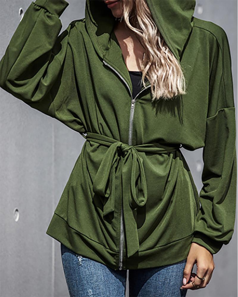 

Zip Front Long Sleeve Cargo Hooded Coat, Army green