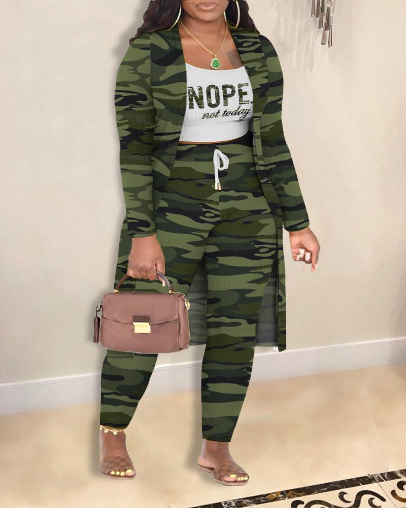 

Plus Size 3PCS Nope Not Today Camouflage Print Crop Top & Pants Set With Coat, Green
