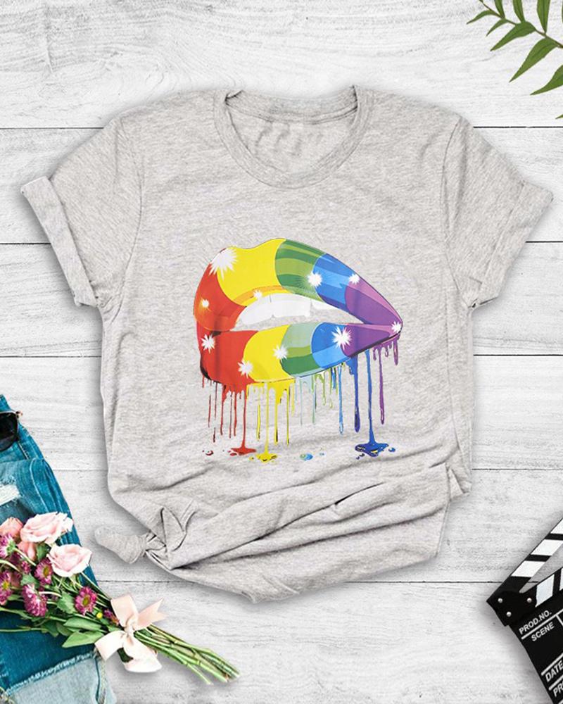 

Multicolor Lip Print Short Sleeve T-shirt, Gray