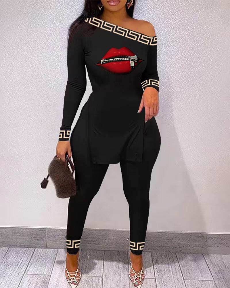 

Lip Geo Print Split Hem Long Sleeve Top & Pants Set, Black