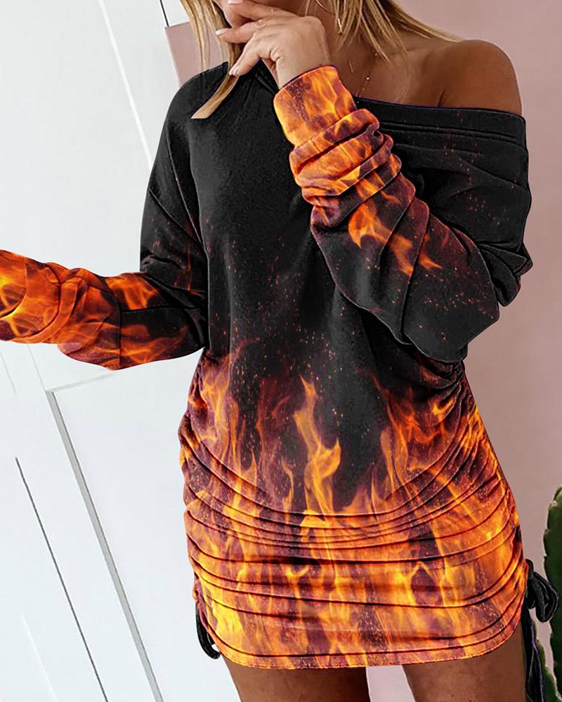 

Flame Print Long Sleeve Drawstring Ruched Casual Dress, Orange