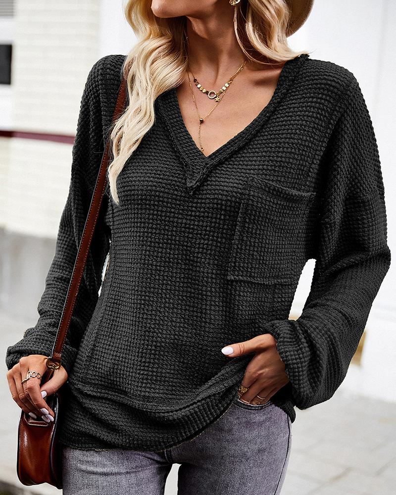 

V-Neck Pocket Design Waffle Knit Top, Black
