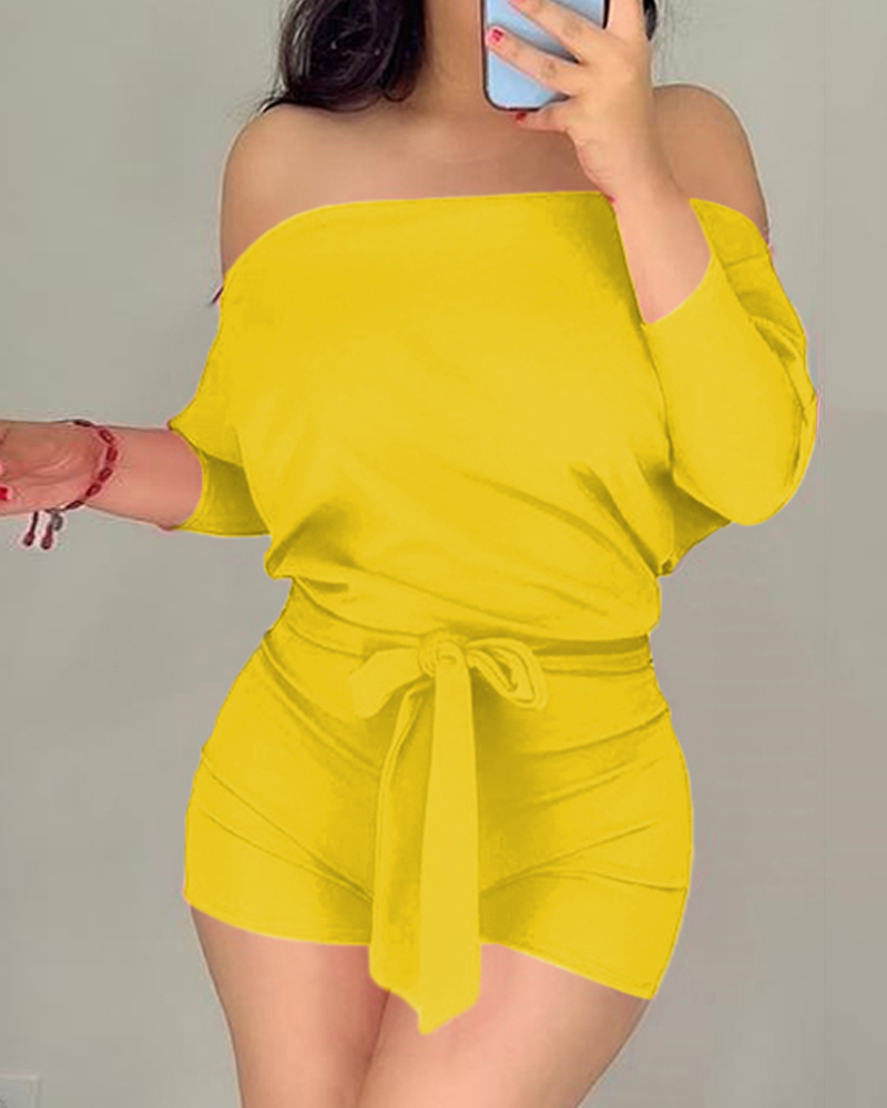 

Batwing Sleeve Off Shoulder Tied Detail Romper, Yellow