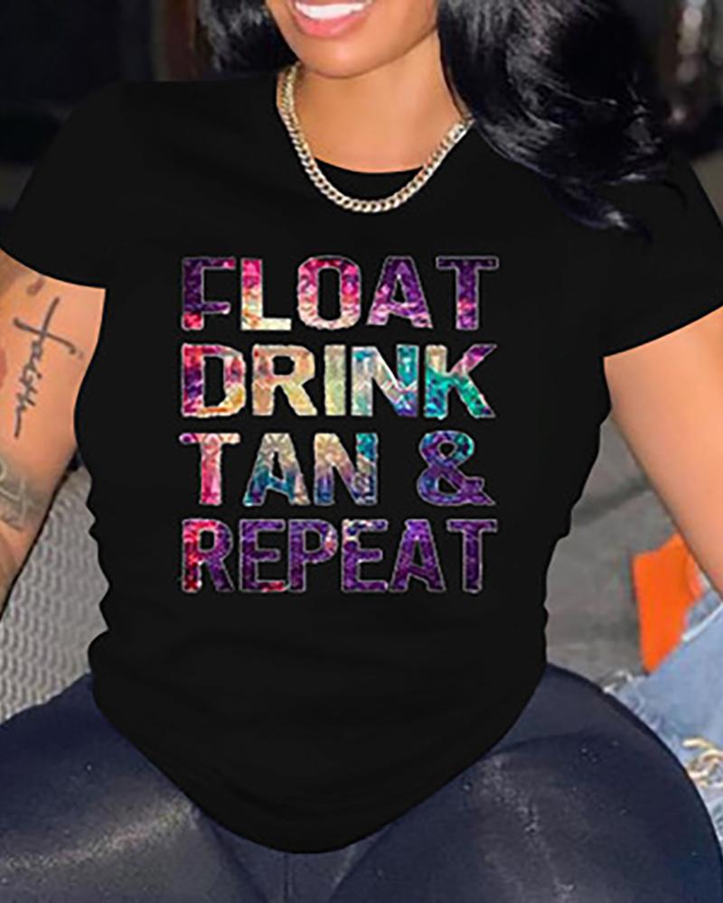 

Colorblock Letter Print Short Sleeve O-neck Top, Black