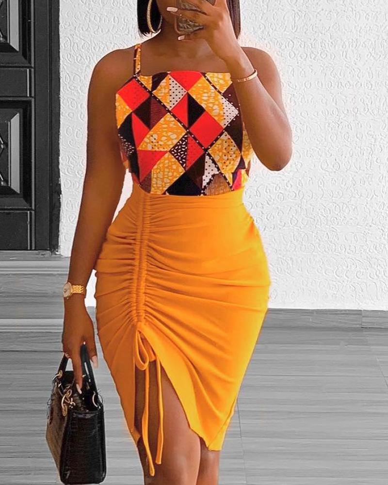 

Allover Print Drawstring Slit Midi Dress, Orange