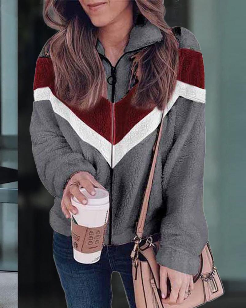 

Chevron Pattern Zip Up Teddy Coat, Dark grey