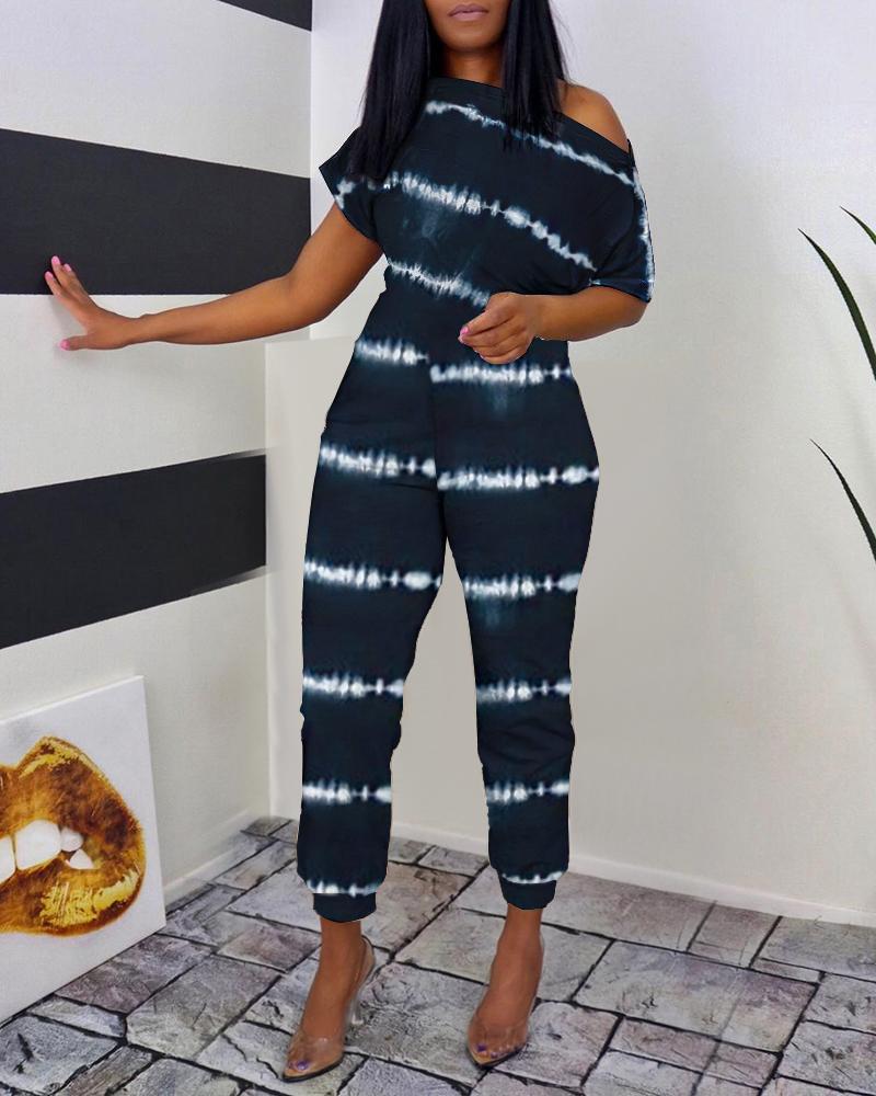 

Tie Dye Print Skew Neck Casual Jumpsuit, Purplish blue