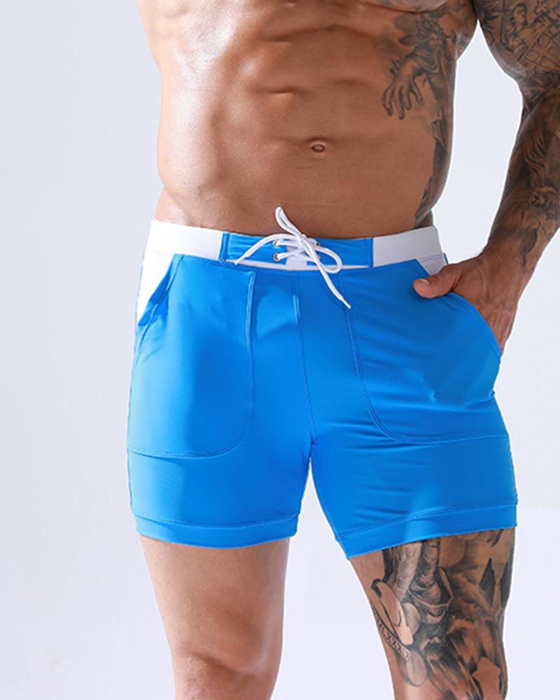 

Color Block Drawstring Loose Straight Beach Short Pants, Blue