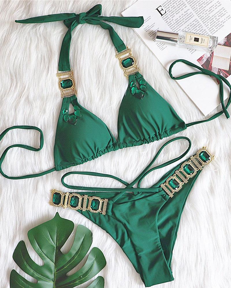 

Rhinestone Decor Tied Detail Halter Bikini Set, Green