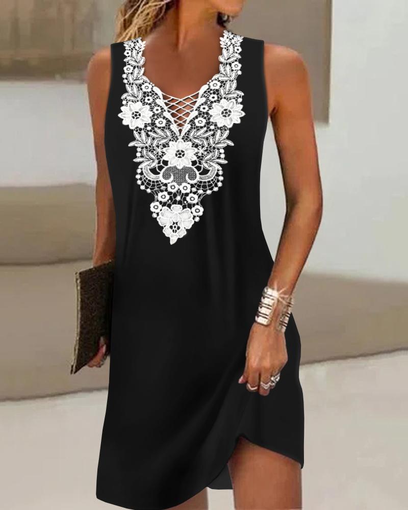 

Contrast Lace Sleeveless Casual Dress, Black