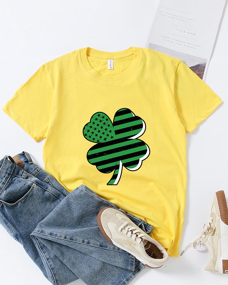 

St.Patrick' Day Short Sleeve Four Leaf Clover Striped Print Top, Yellow
