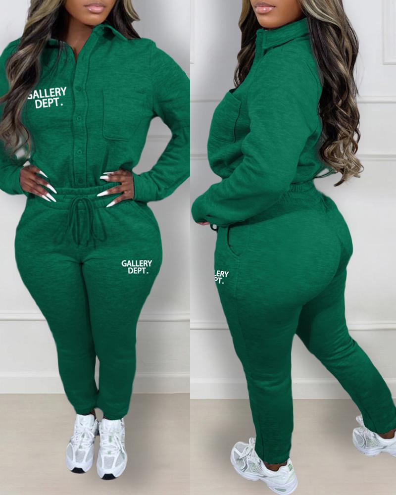 

Letter Print Long Sleeve Buttoned Top & Drawstring Pants Set, Green