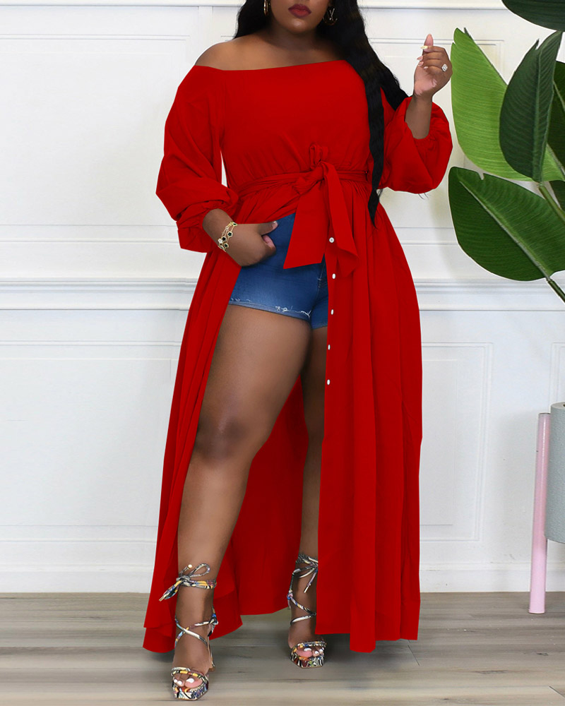 

Plus Size Off Shoulder Button Front Belted Maxi Dress, Red