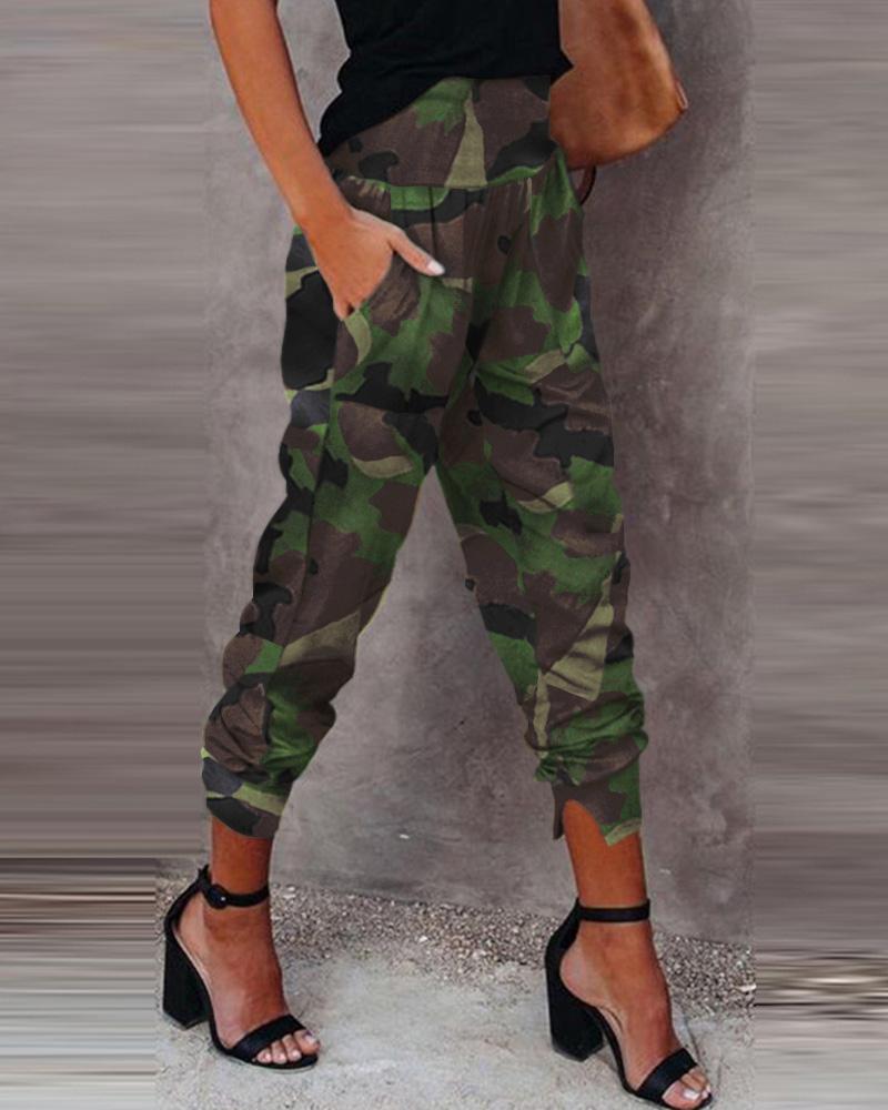 

Camouflage Print Pocket Design High Waist Pants, Camoflage